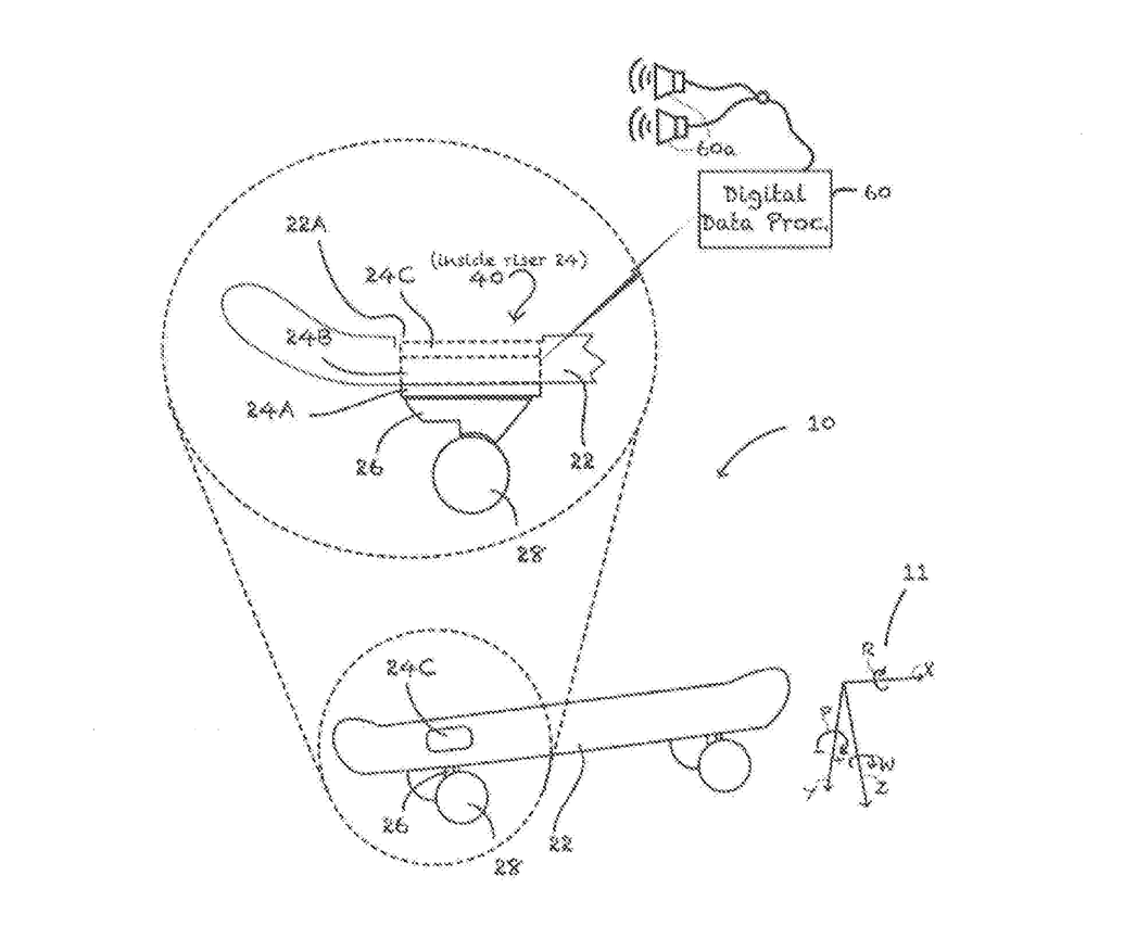 Utility patent drawing of skateboard tracking device